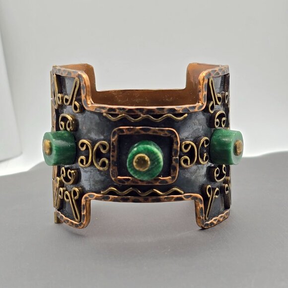 VTG Casa Maya Brutalist Copper & Malachite 2" Wide Cuff Bracelet 7" Mexico 99.8g - Picture 5 of 15
